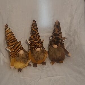 Set of 3 Plush Gnomes with Leopard & Tiger Hats - Yellow & Brown